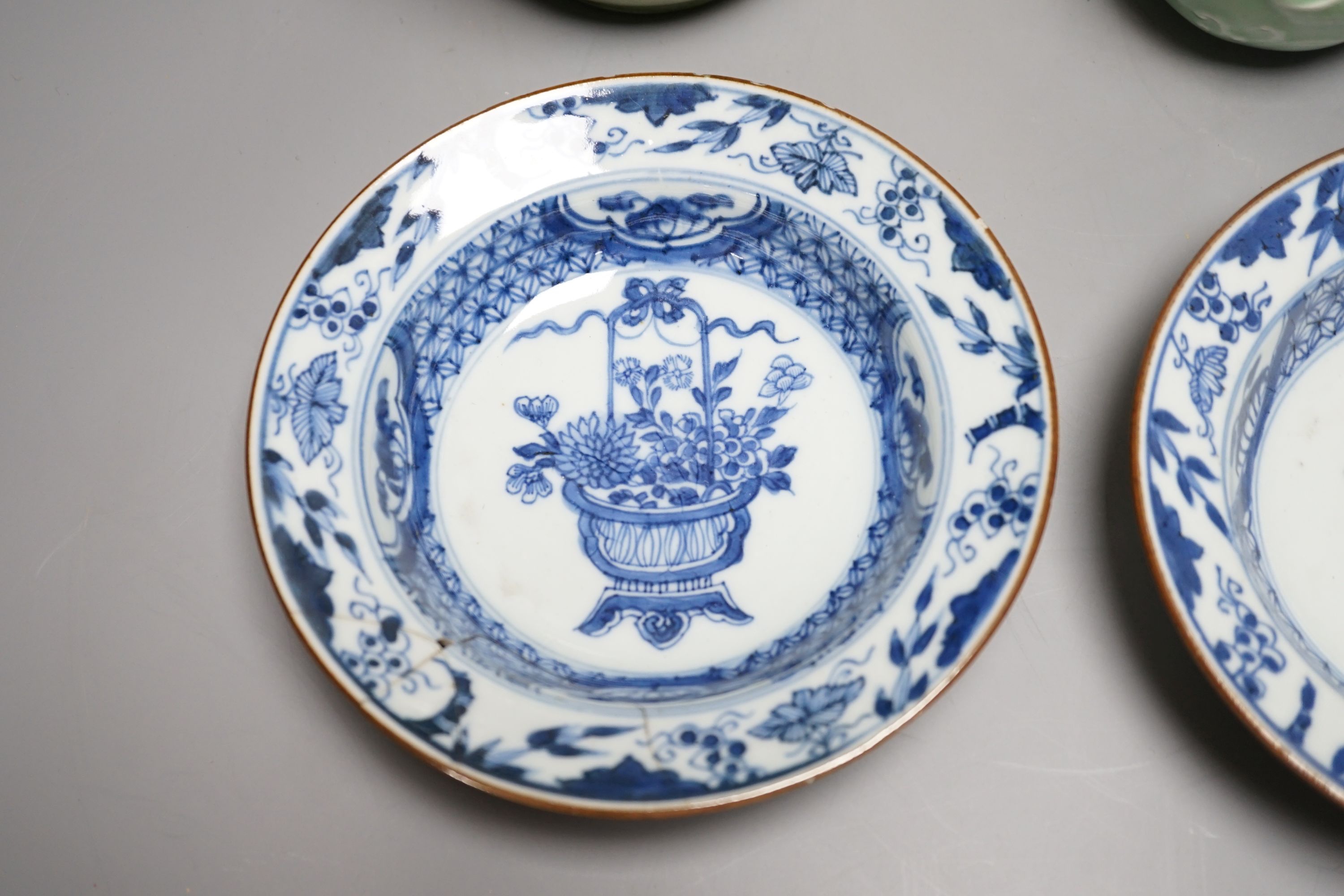 Two Chinese blue and white export dishes, a celadon cup and green glazed pottery vase, Export dishes 16,5 cms diameter.